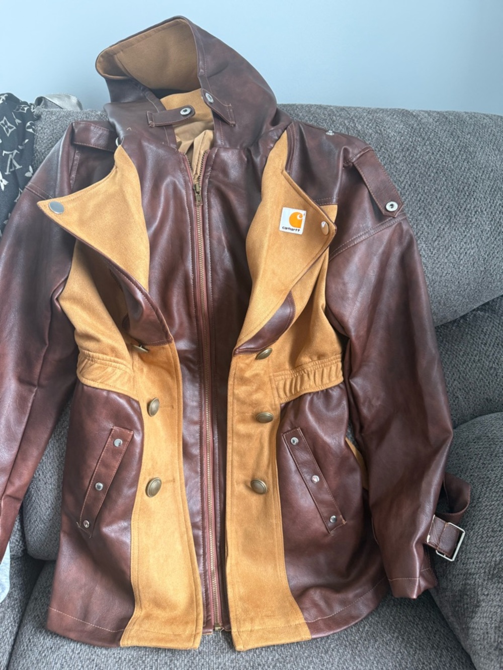 Carhartt Men's Brown Leather and Tan Canvas Hooded Field Jacket